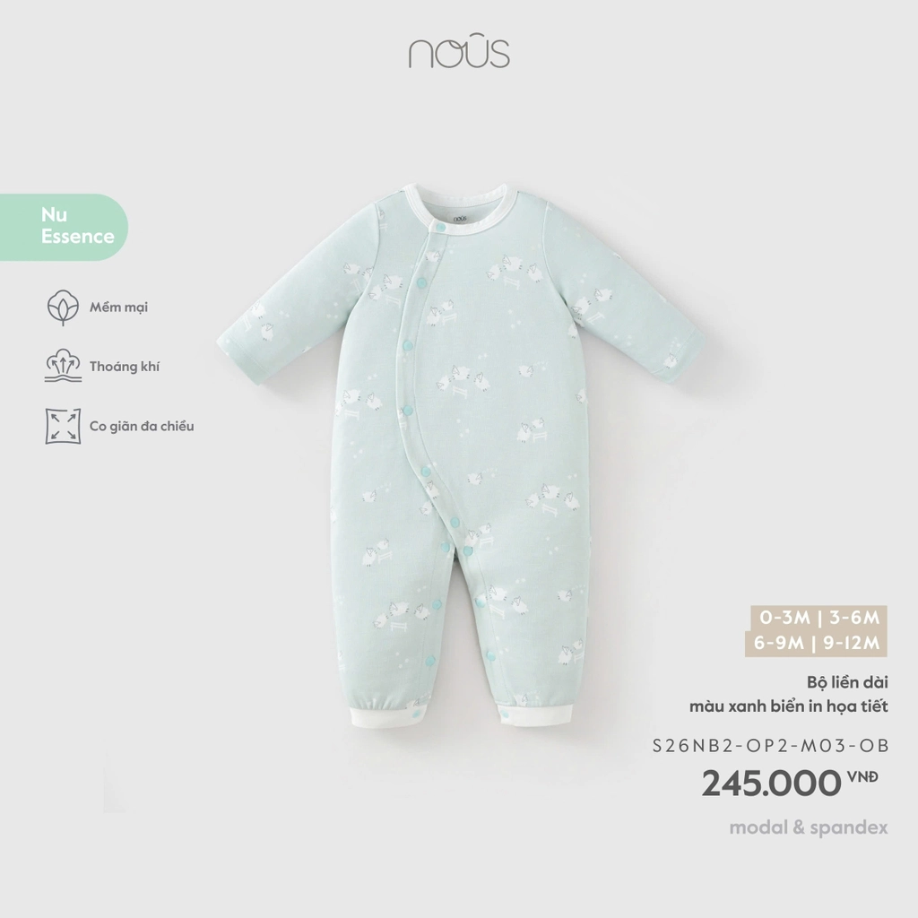 NOUS - Bộ liền dài màu xanh biển in hoạ tiết (3-9M)