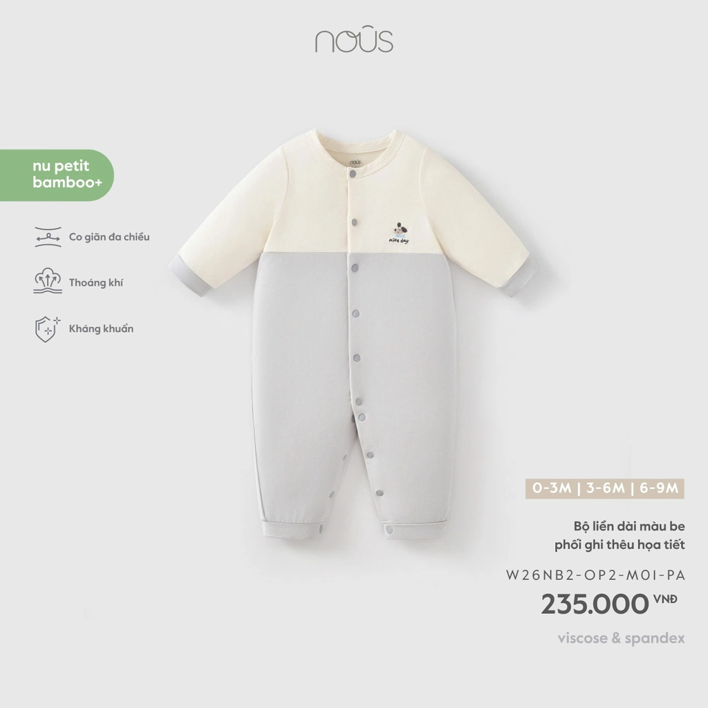 NOUS - Bộ liền dài màu be phối ghi thêu họa tiết (0-9M)