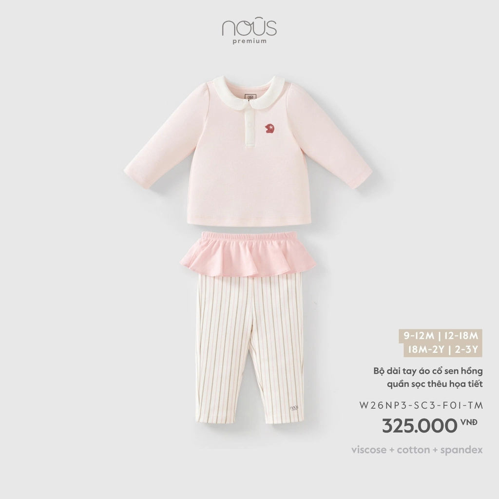 NOUS - Bộ dài tay áo cổ sen hồng quần sọc thêu họa tiết (9M-3Y)