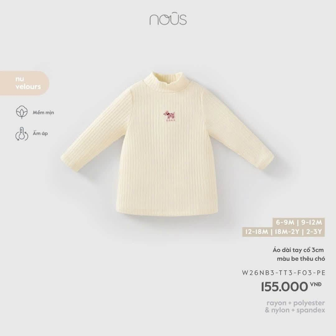 NOUS - Áo dài tay cổ 3cm màu be thêu chó (6-12M)