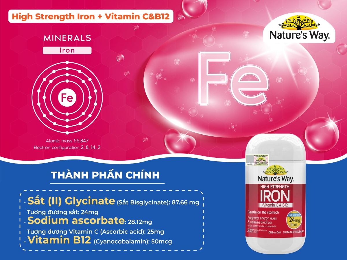 NATURE'S WAY - 18Y+BỔ SUNG SẮT, VITAMIN C VÀ B12 HIGH STRENGTH IRON