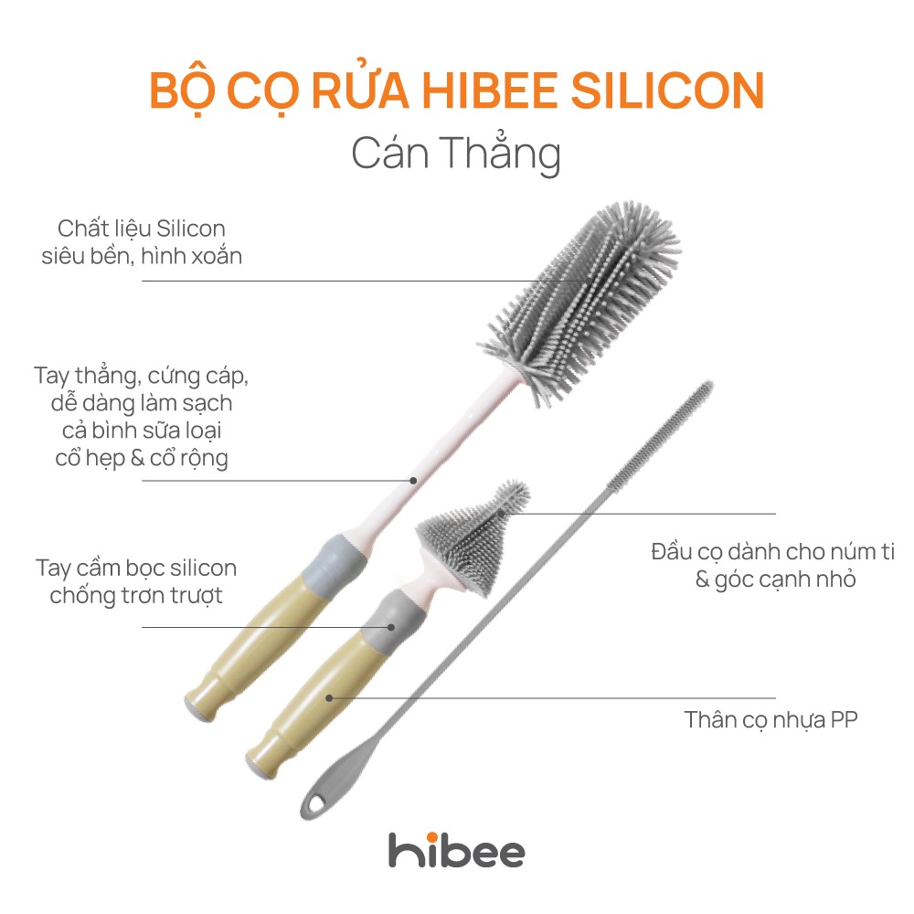 HIBEE - BỘ CỌ BÌNH SILICONE CÁN THẲNG