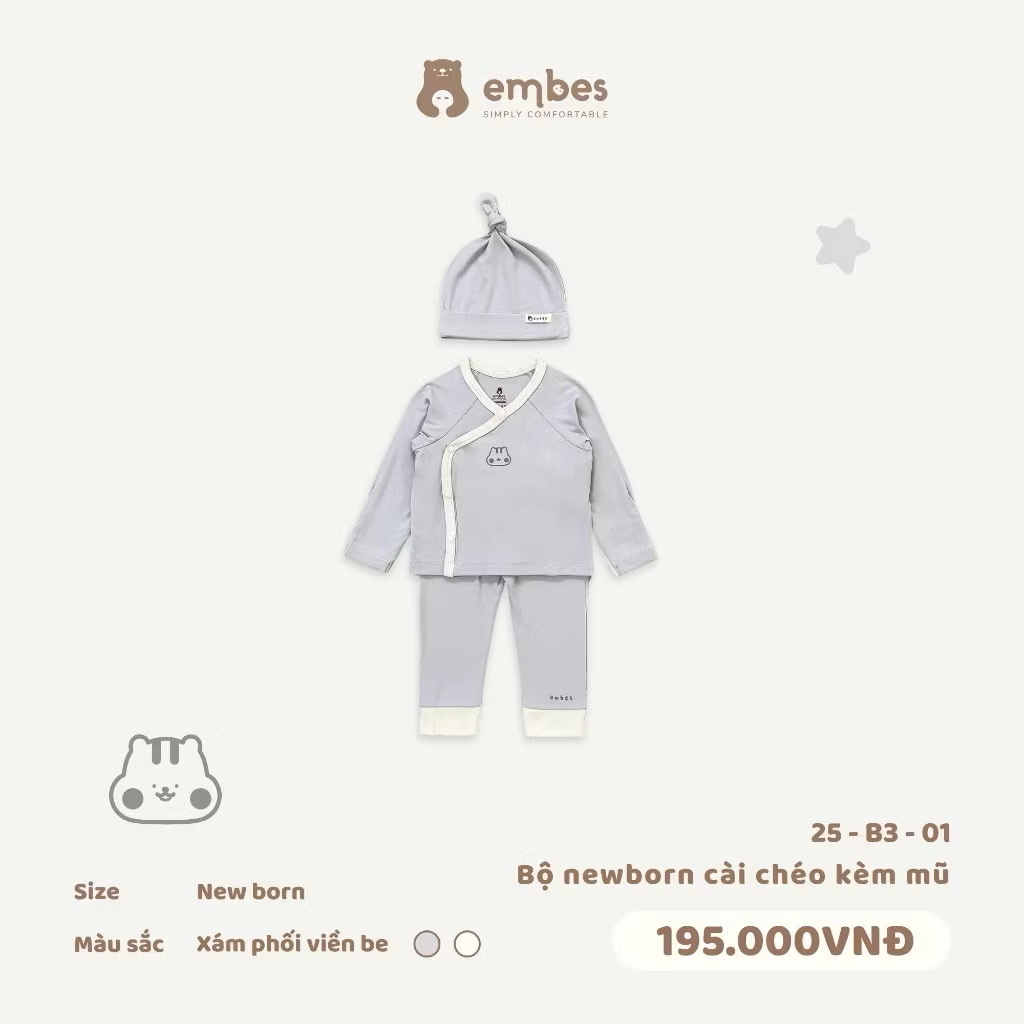 EMBES - Bộ newborn cài chéo kèm mũ phối viền be NB