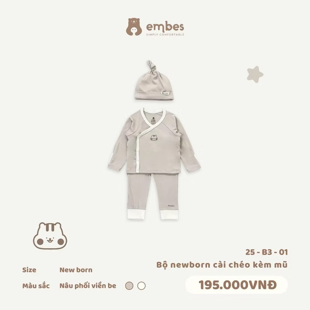 EMBES - Bộ newborn cài chéo kèm mũ phối viền be NB