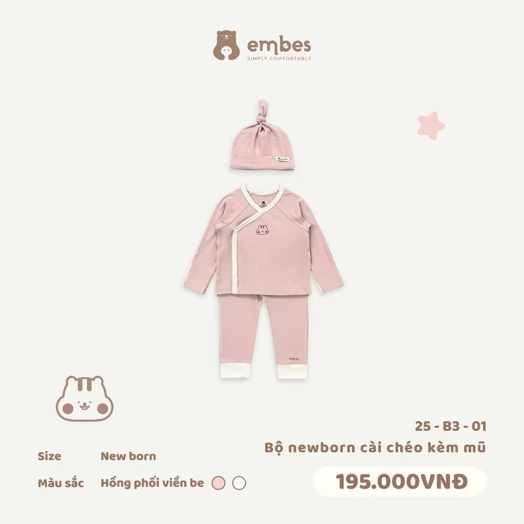 EMBES - Bộ newborn cài chéo kèm mũ phối viền be NB