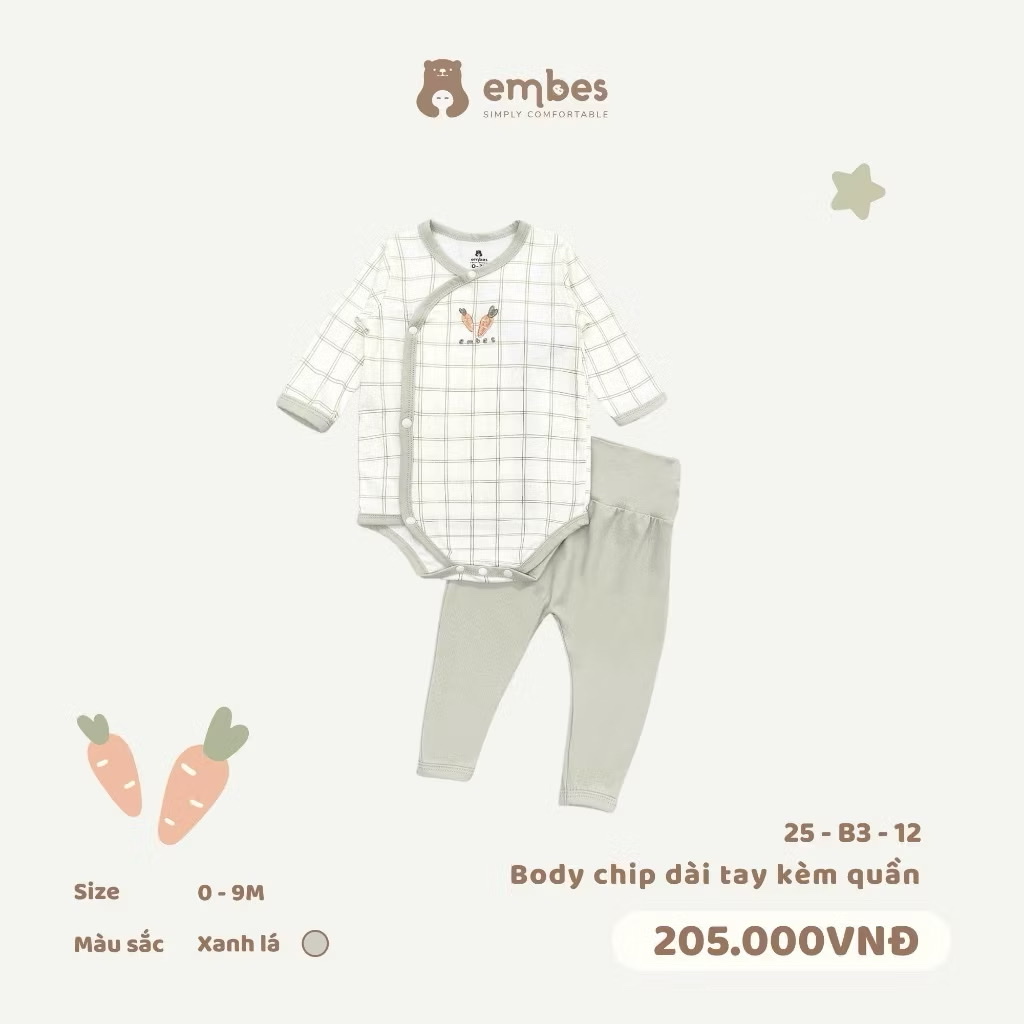 EMBES - Body chip dài tay kèm quần(0-6M)