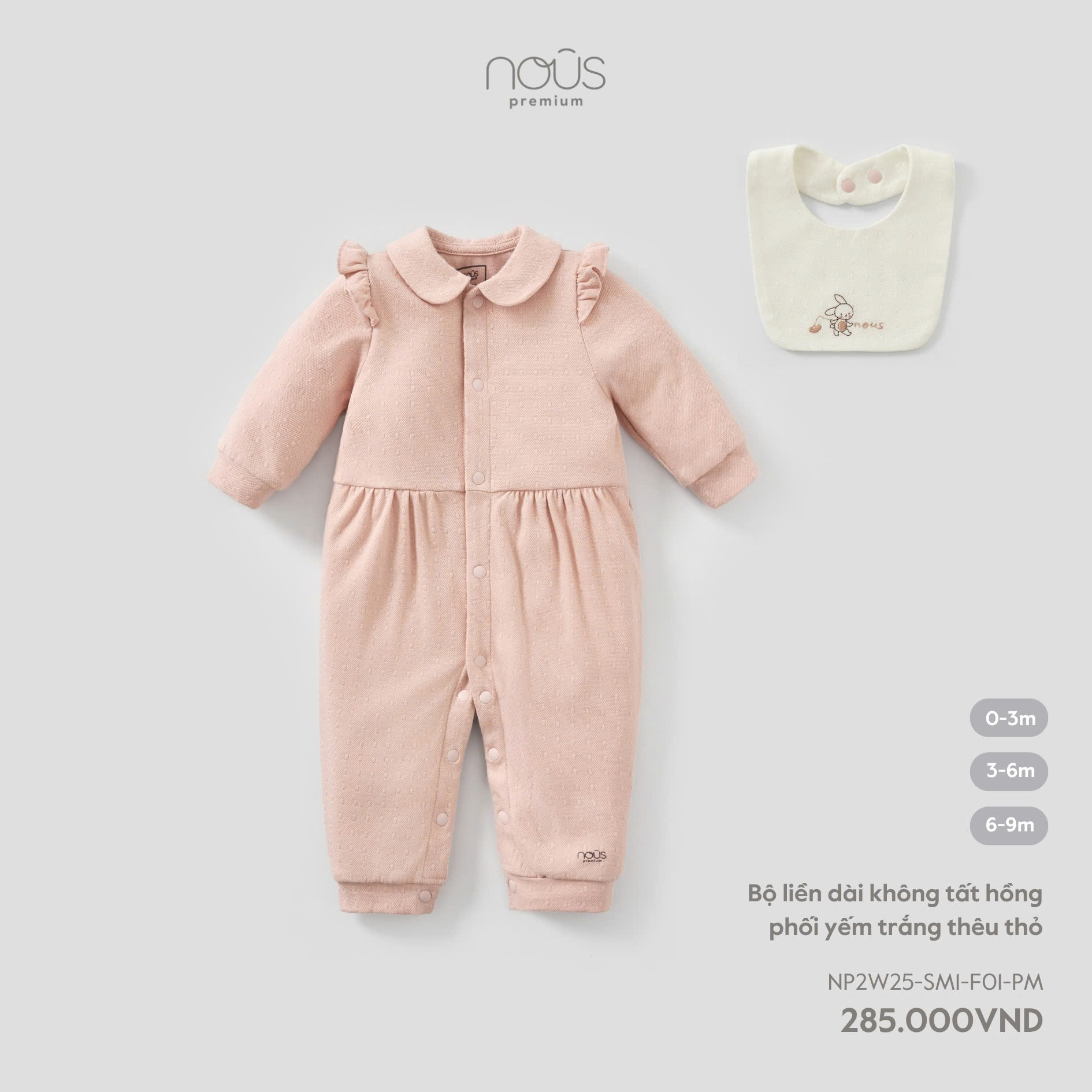 NOUS - Bộ liền dài không tất hồng phối yếm trắng thêu thỏ(0-9M)