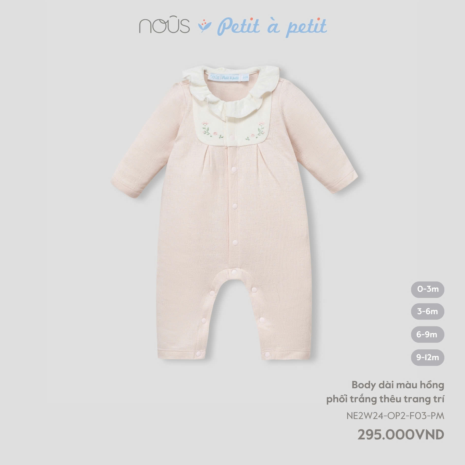 NOUS - Body dài màu hồng phối tắng thêu trang trí (0-9M)