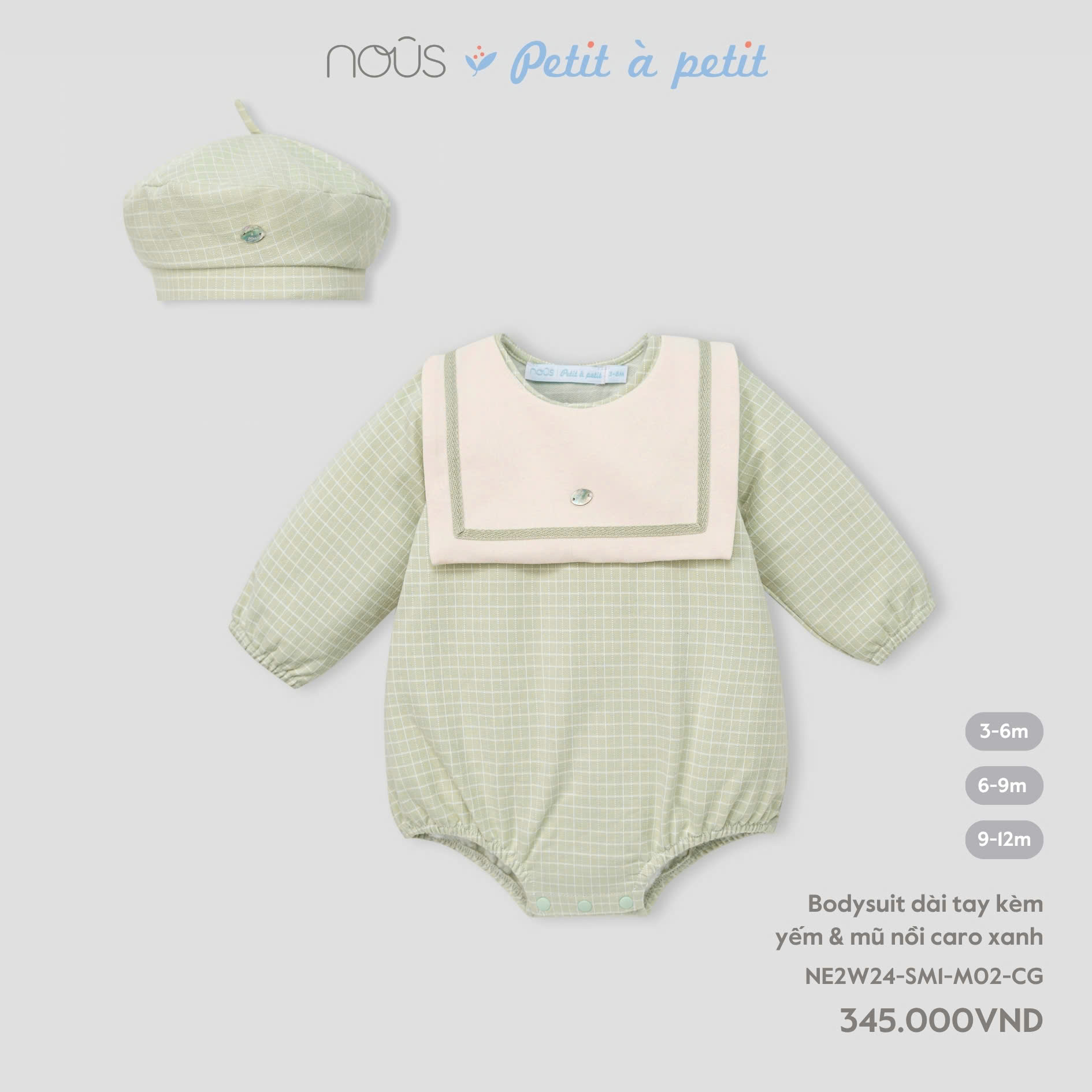 NOUS - Bodysuit dài tay kèm yếm & mũ nồi caro xanh(3-9M)