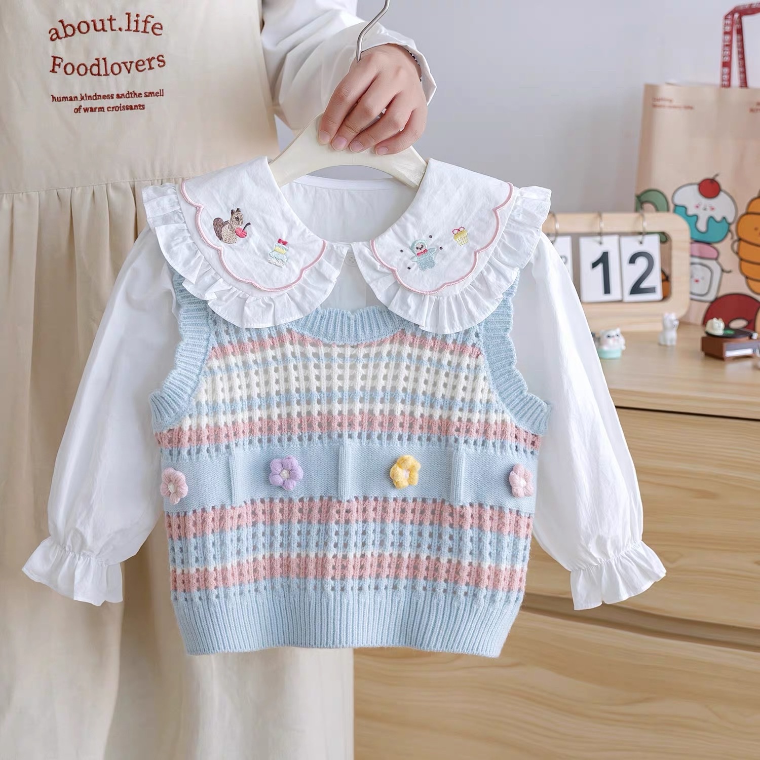 BK - Set áo sơ mi + gile len hoa(90-140)