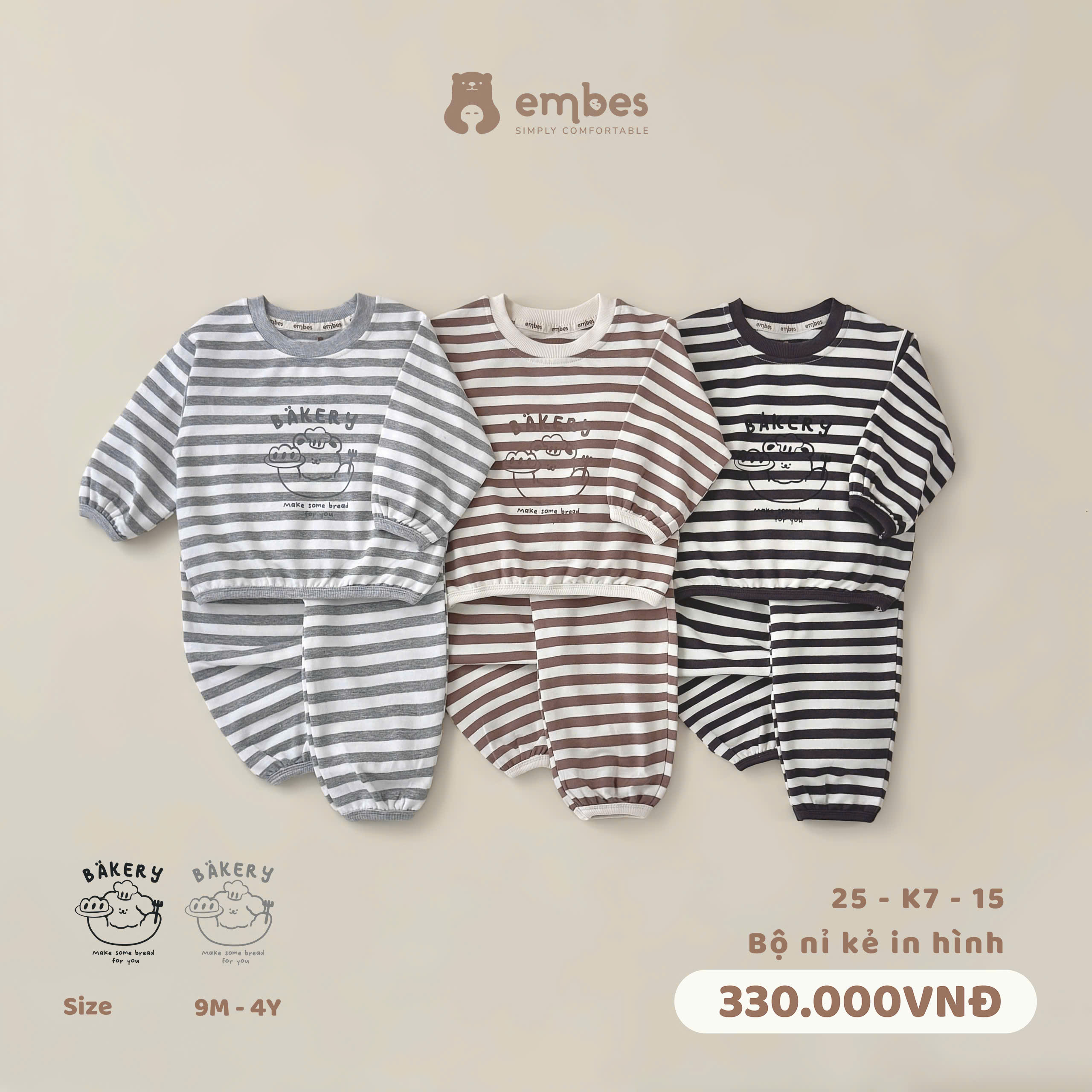 EMBES - Bộ nỉ kẻ in hình(9M-4Y)