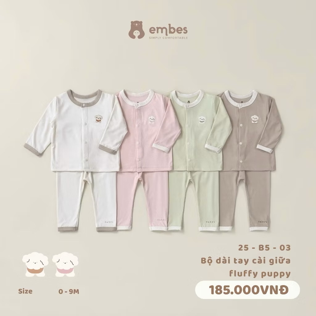 EMBES - Bộ dài tay cài giữa Fluffy Puppy (0-9M)