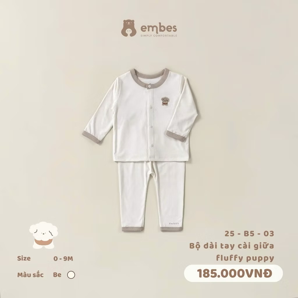 EMBES - Bộ dài tay cài giữa Fluffy Puppy (0-9M)