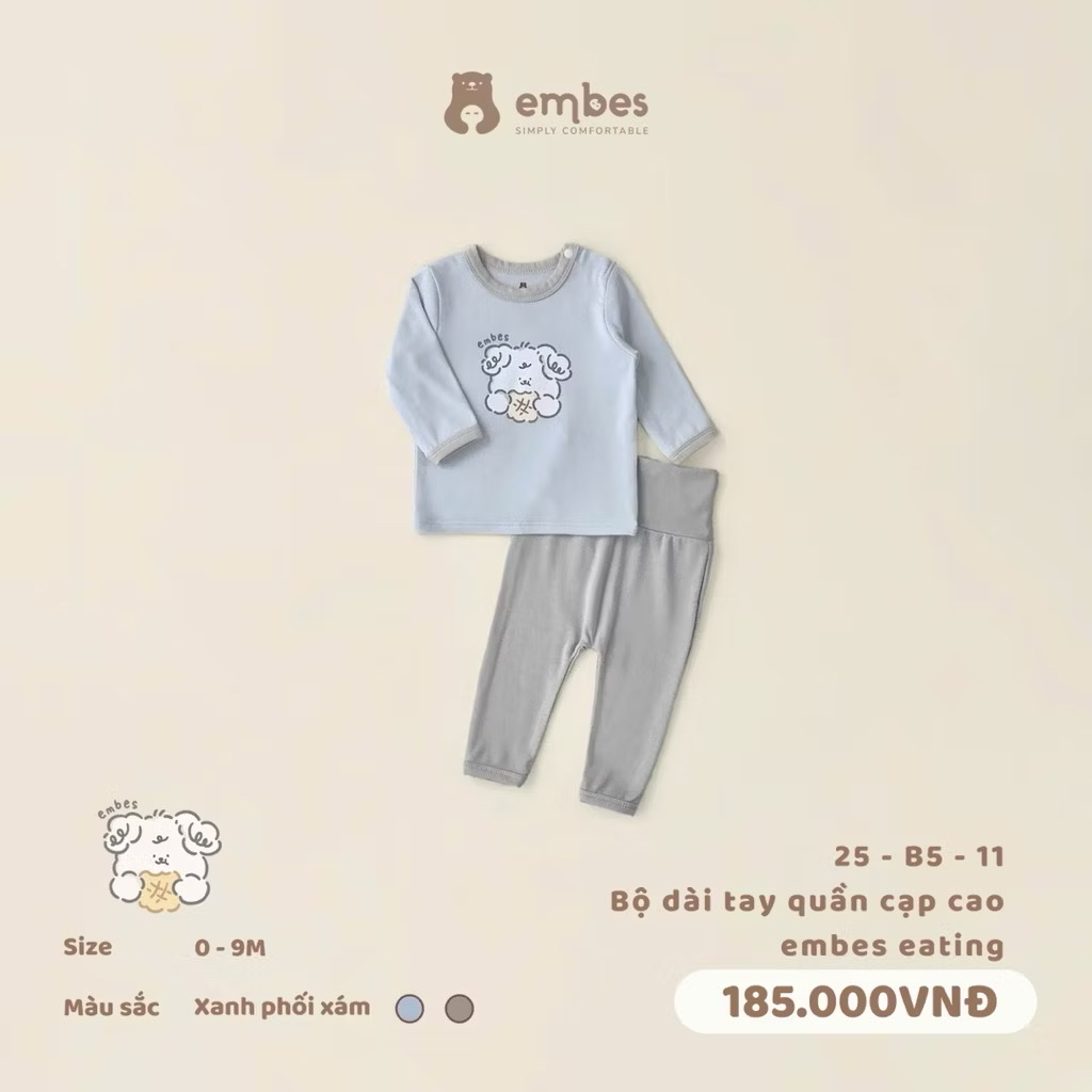 EMBES - Bộ dài tay quần cạp cao embes Eating(0-9M)