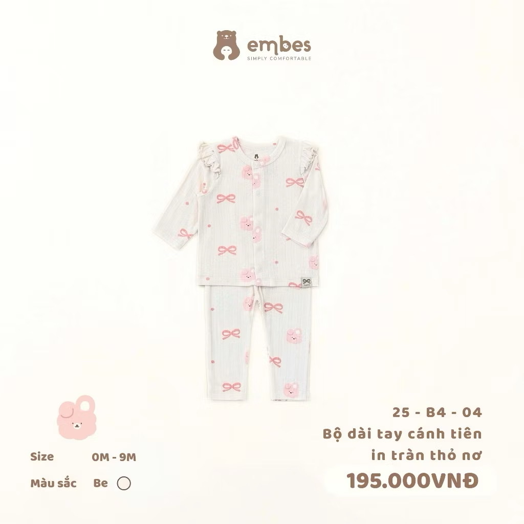 EMBES - Bộ dài tay cánh tiên in tràn thỏ nơ(0-9M)