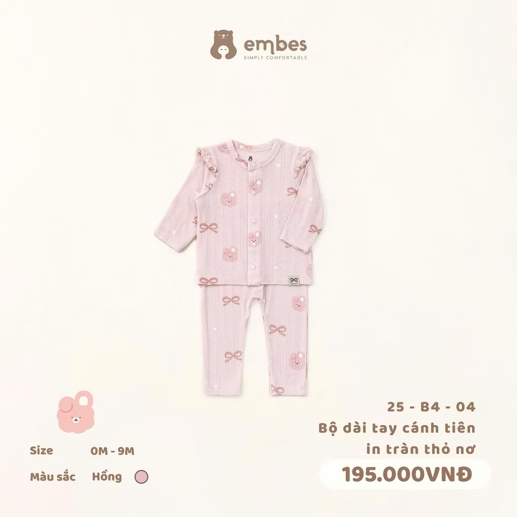 EMBES - Bộ dài tay cánh tiên in tràn thỏ nơ(0-9M)