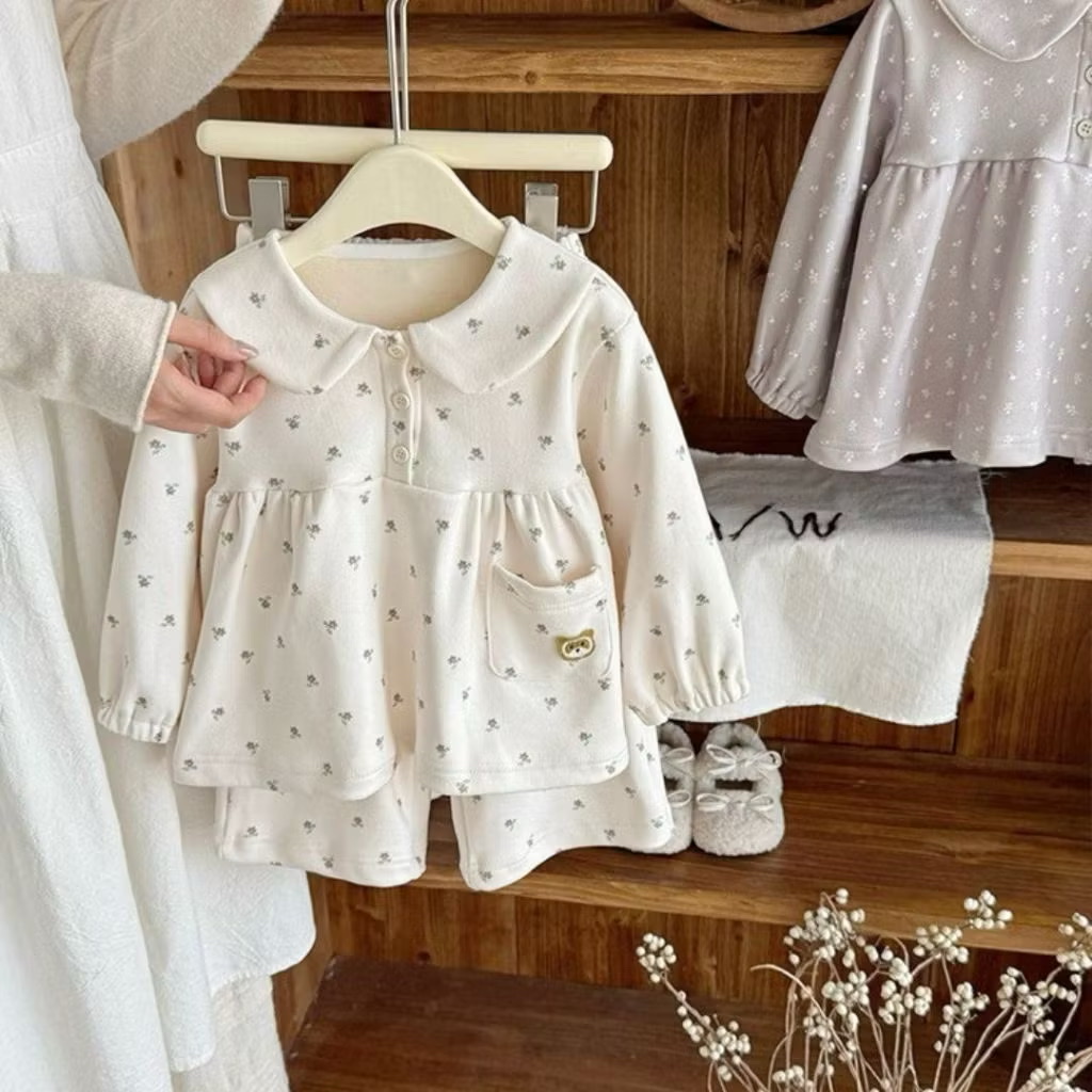 TL - Bộ ngủ lót lông nhung hoạ tiết hoa(90-140)