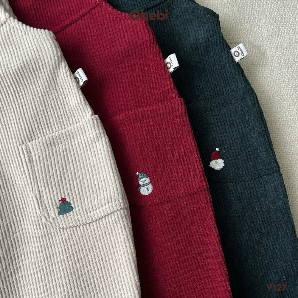 OBEBI - Quần yếm nhung tăm lót lông thêu túi(73-110)