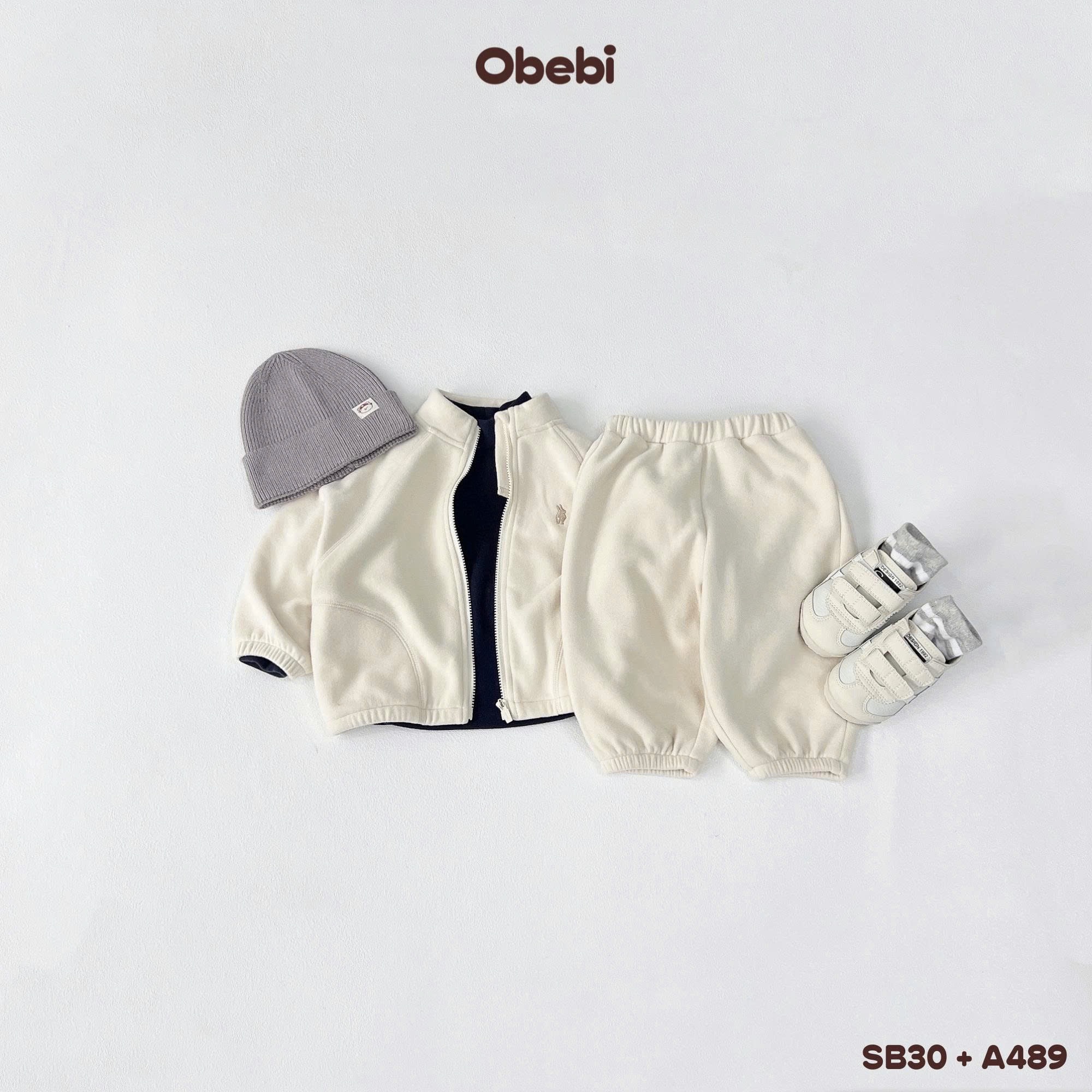 OBEBI - Set bộ áo khoác kéo khoá quần nỉ lông(73-120)