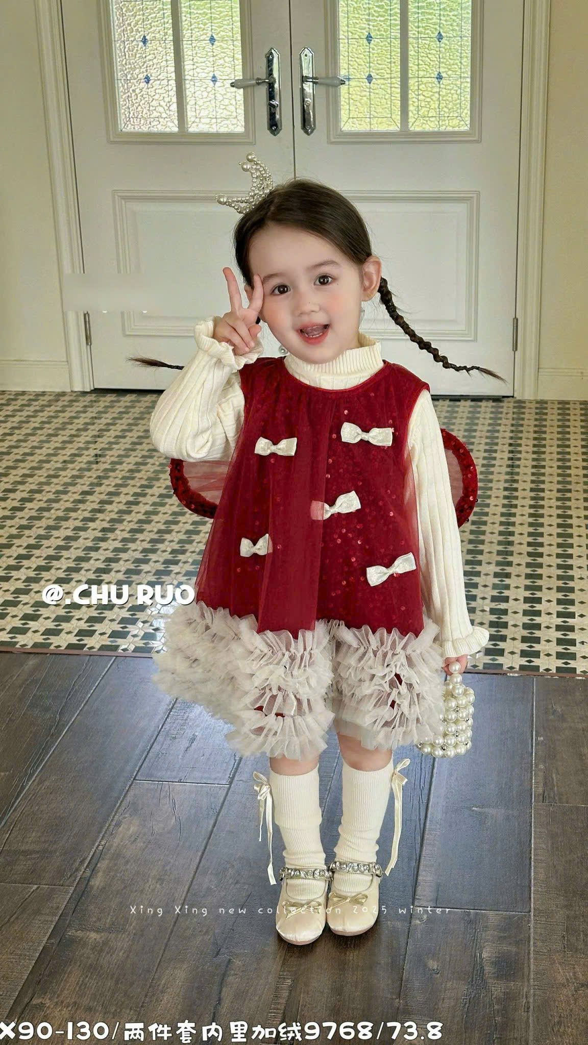 LB - Set váy đỏ nơ trắng ren(90-130)