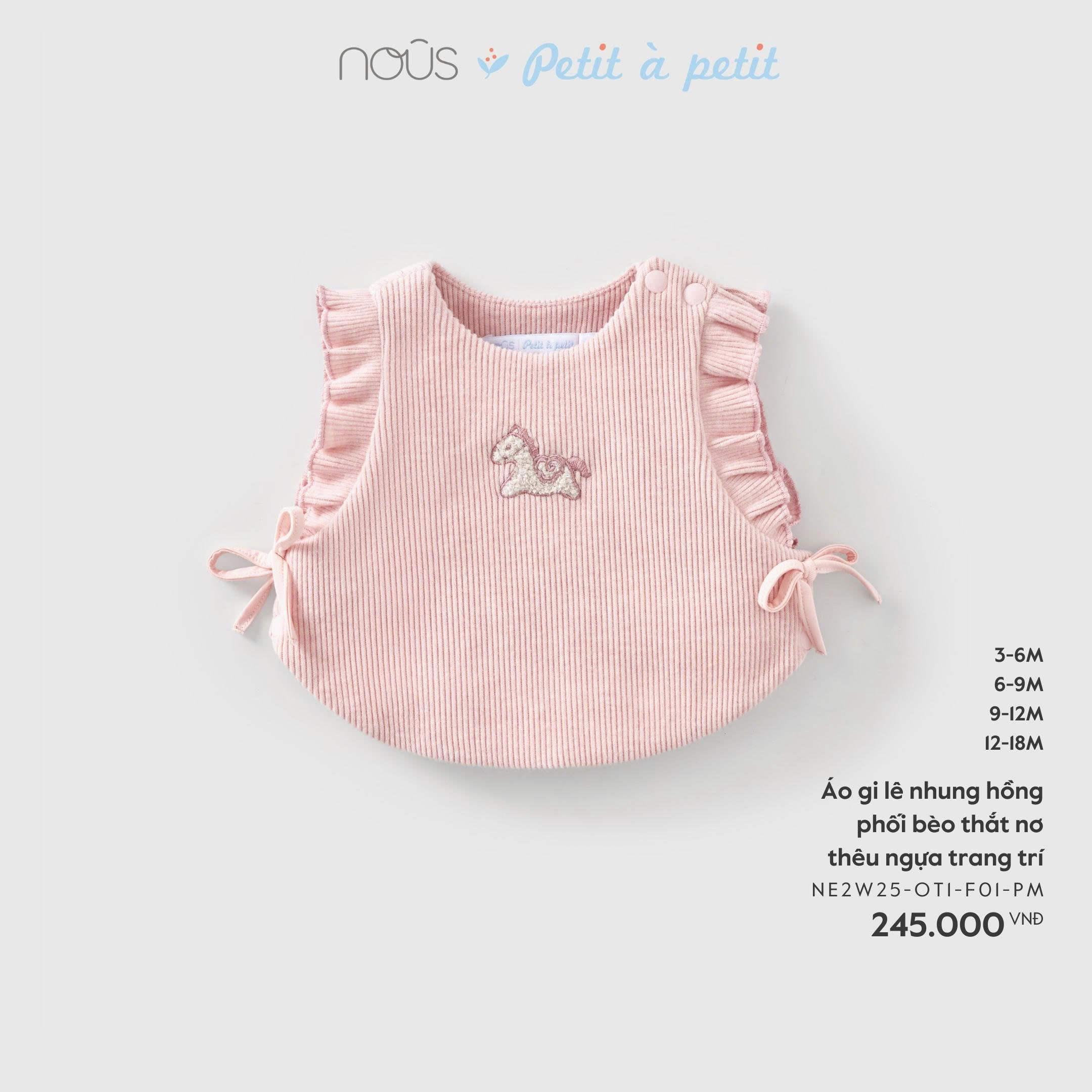 NOUS - Áo gile nhung hồng phối bèo thắt nơ thêu ngựa trang trí(3-12M)