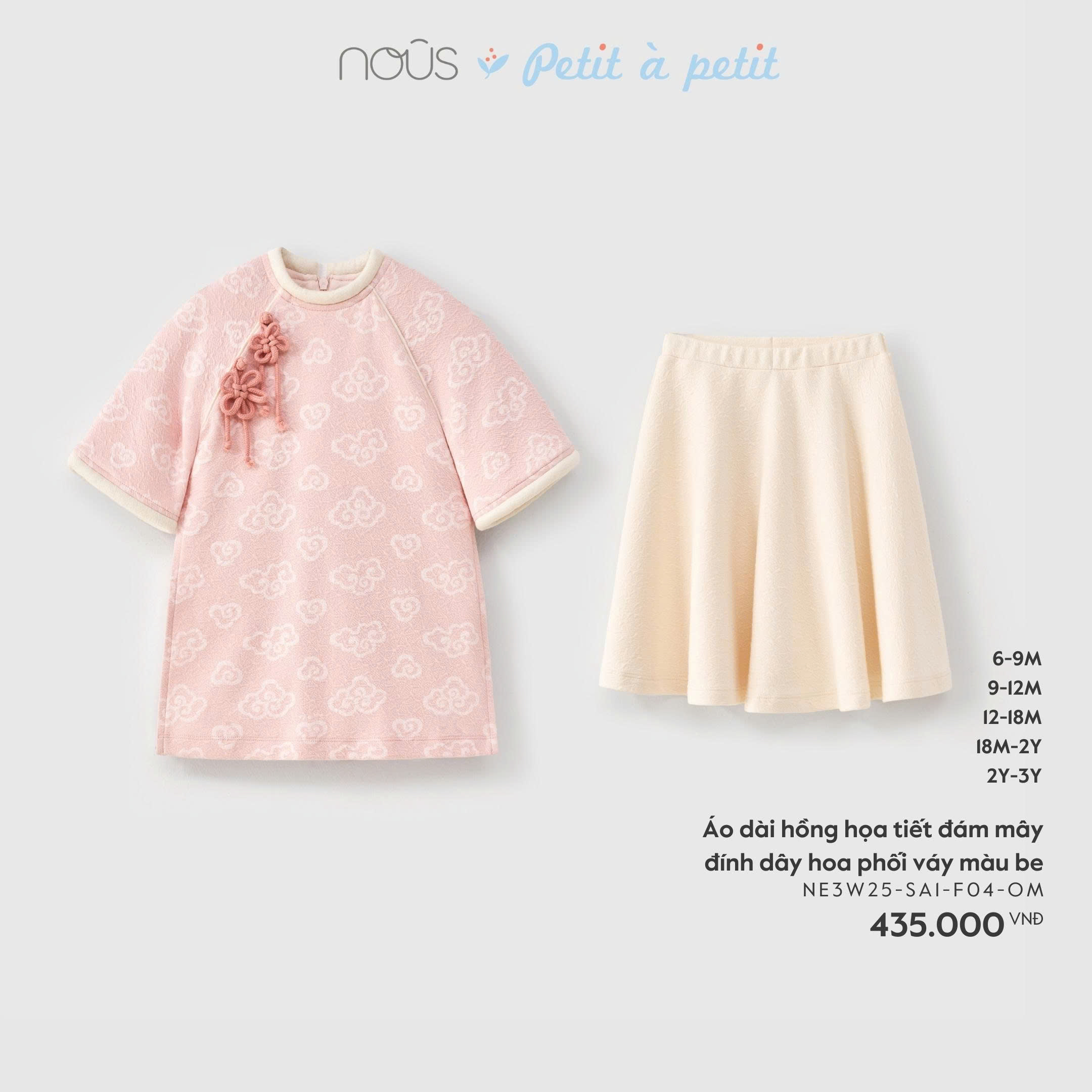 NOUS - Áo dài hồng hoạ tiết đám mây đính dây hoa phối váy màu be(6M-2Y)