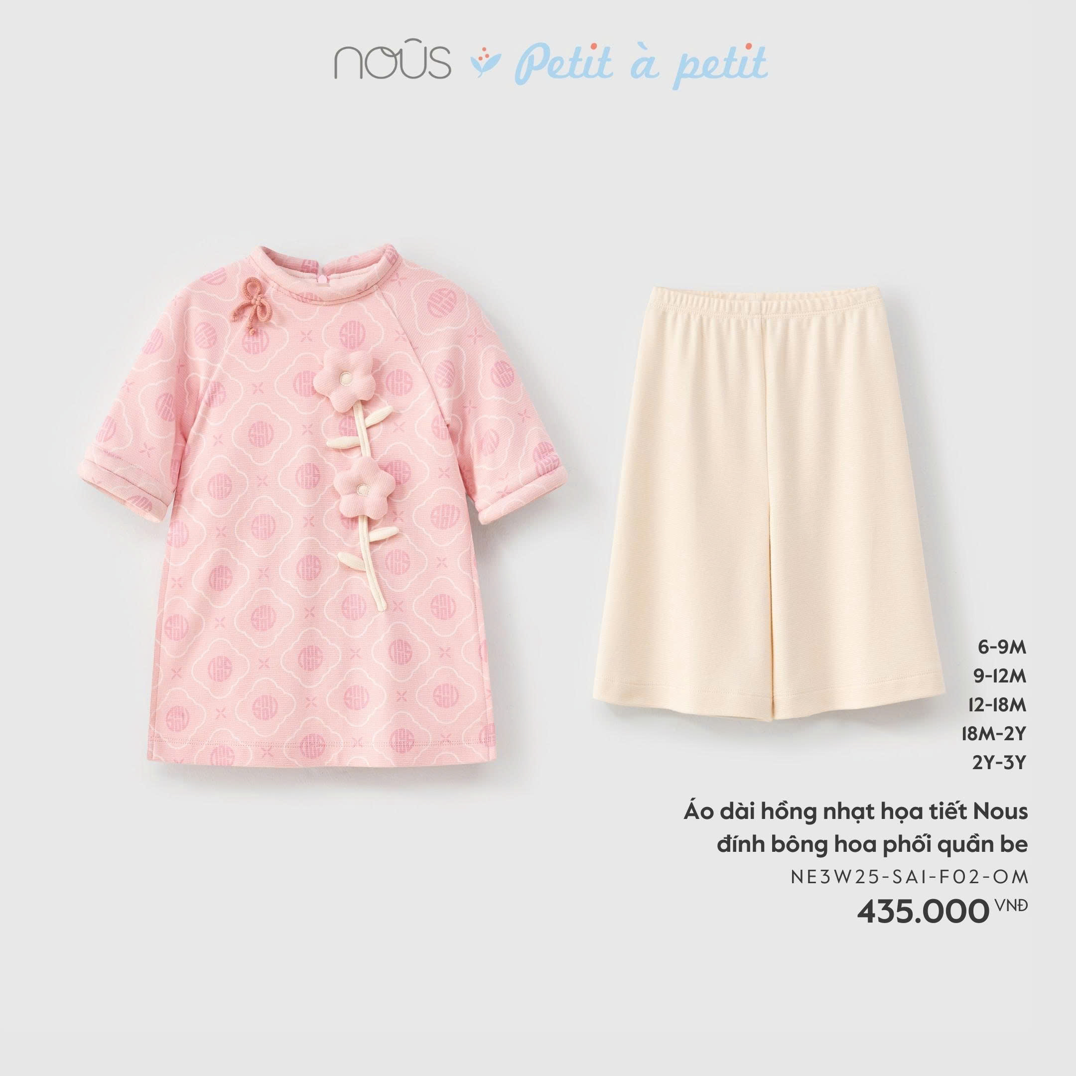 NOUS - Áo dài hồng nhạt hoạ tiết NOUS đính bông hoa phối quần be(6M-2Y)