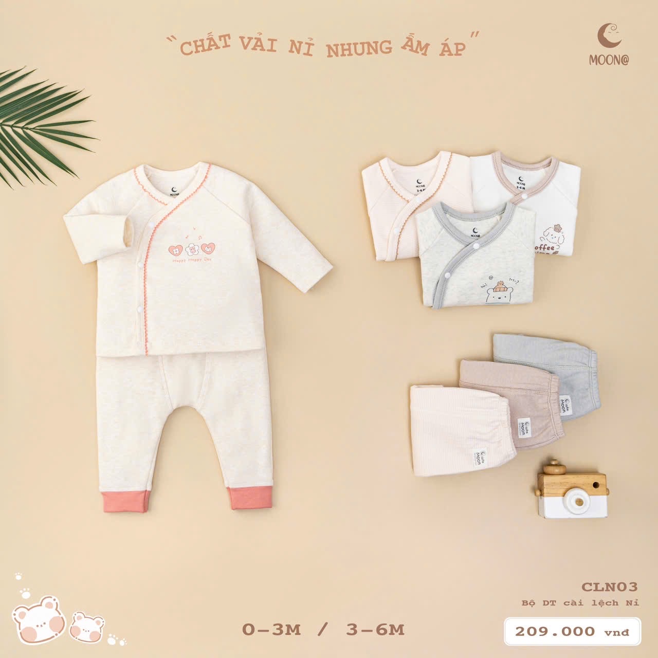 MOON@ - Bộ dài tay cài lệch nỉ nhung(0-6M)