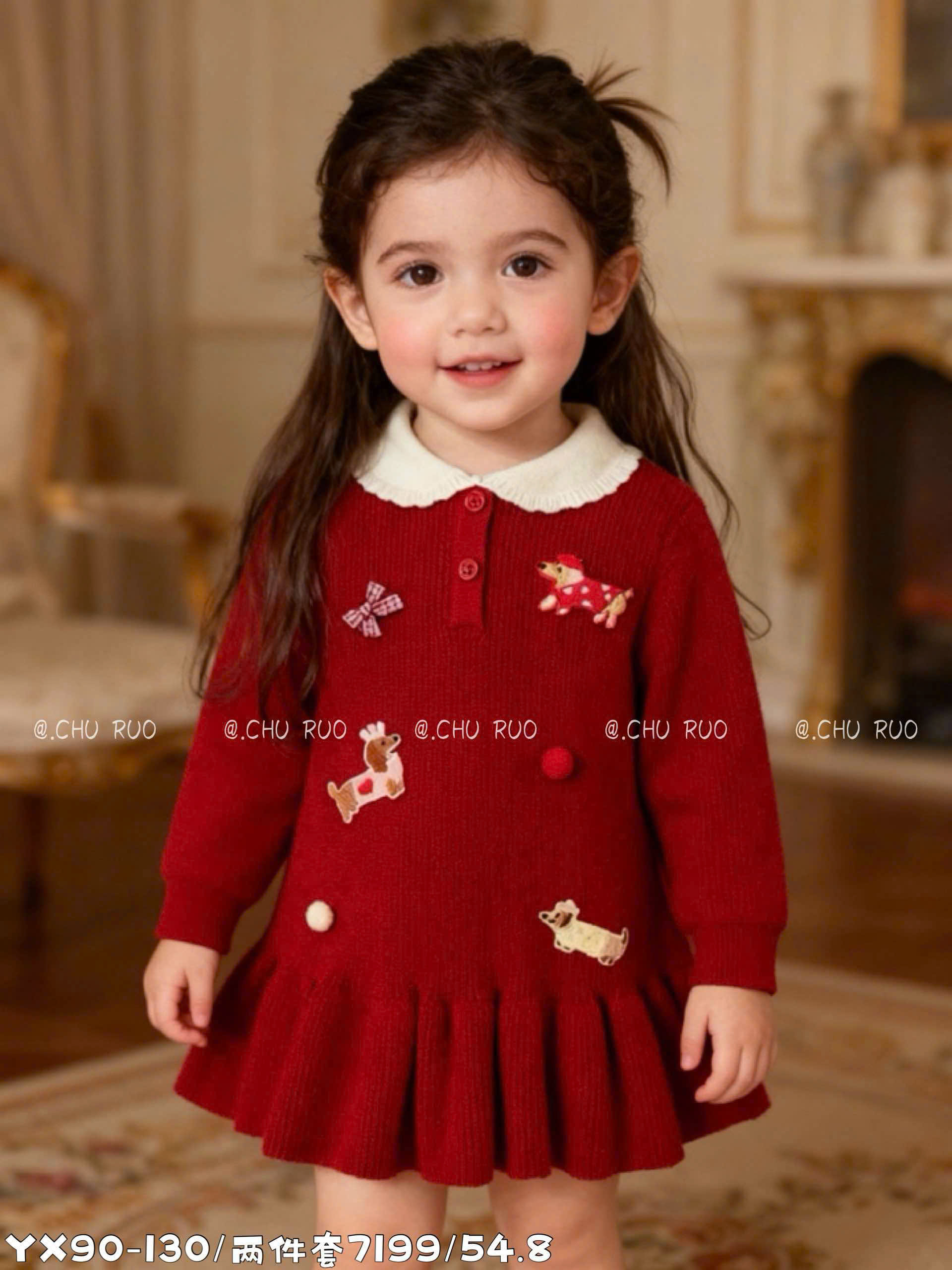 LB - Váy len đỏ đính cún nơ cổ sen(5-13)