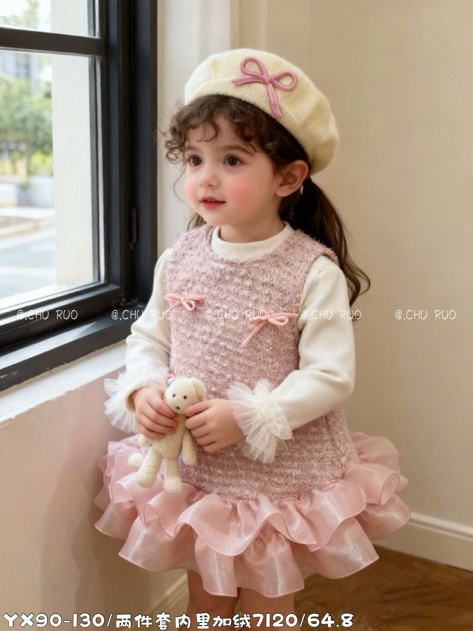 LB -Set áo len+váy dạ kem đính nơ(90-130)