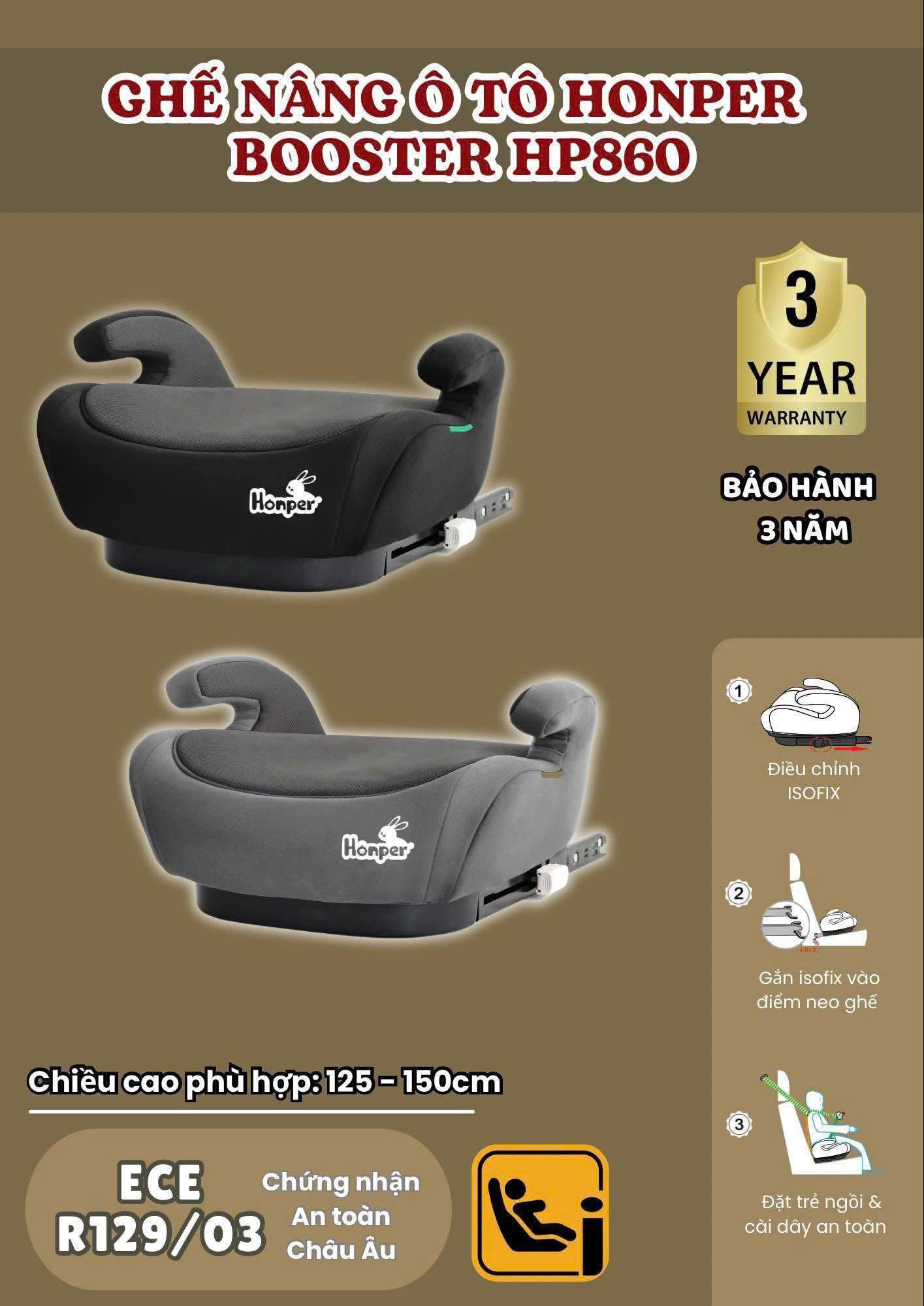 HONPER - GHẾ NÂNG Ô TÔ ISOFIX BOOSTER HP860