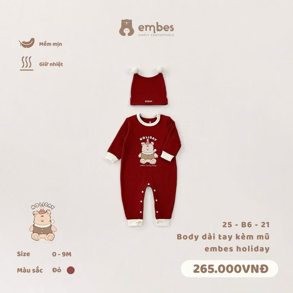 EMBES - Body dài tay kèm mũ Embes Holiday(0-9M)