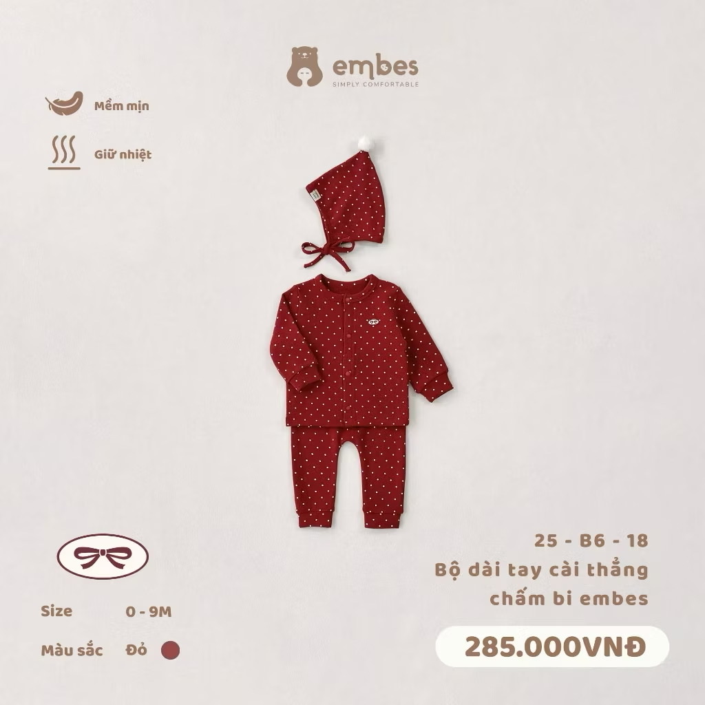 EMBES - Bộ dài tay cài thẳng chấm bi Embes(0-9M)