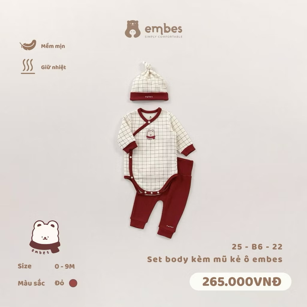 EMBES - Set body kèm mũ kẻ ô Embes(0-9M)