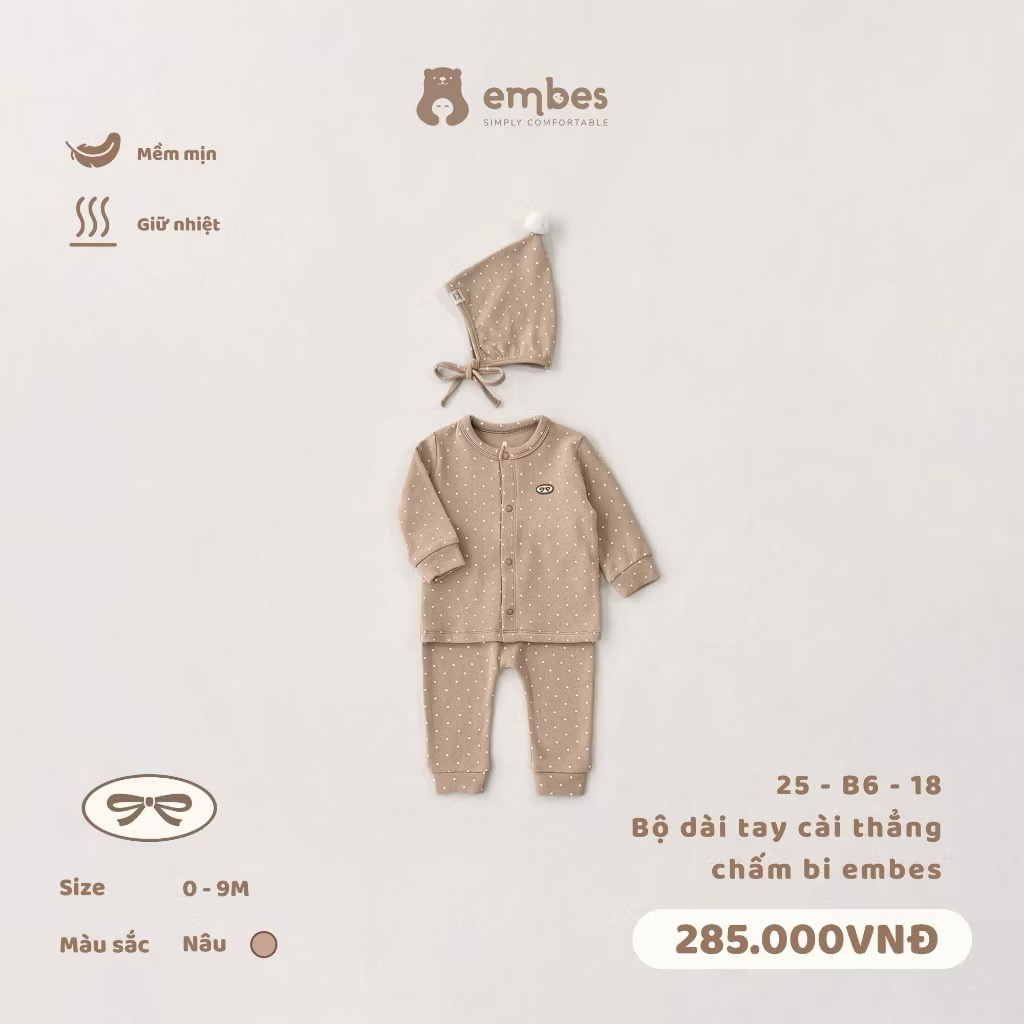 EMBES - Bộ dài tay cài thẳng chấm bi Embes(0-9M)