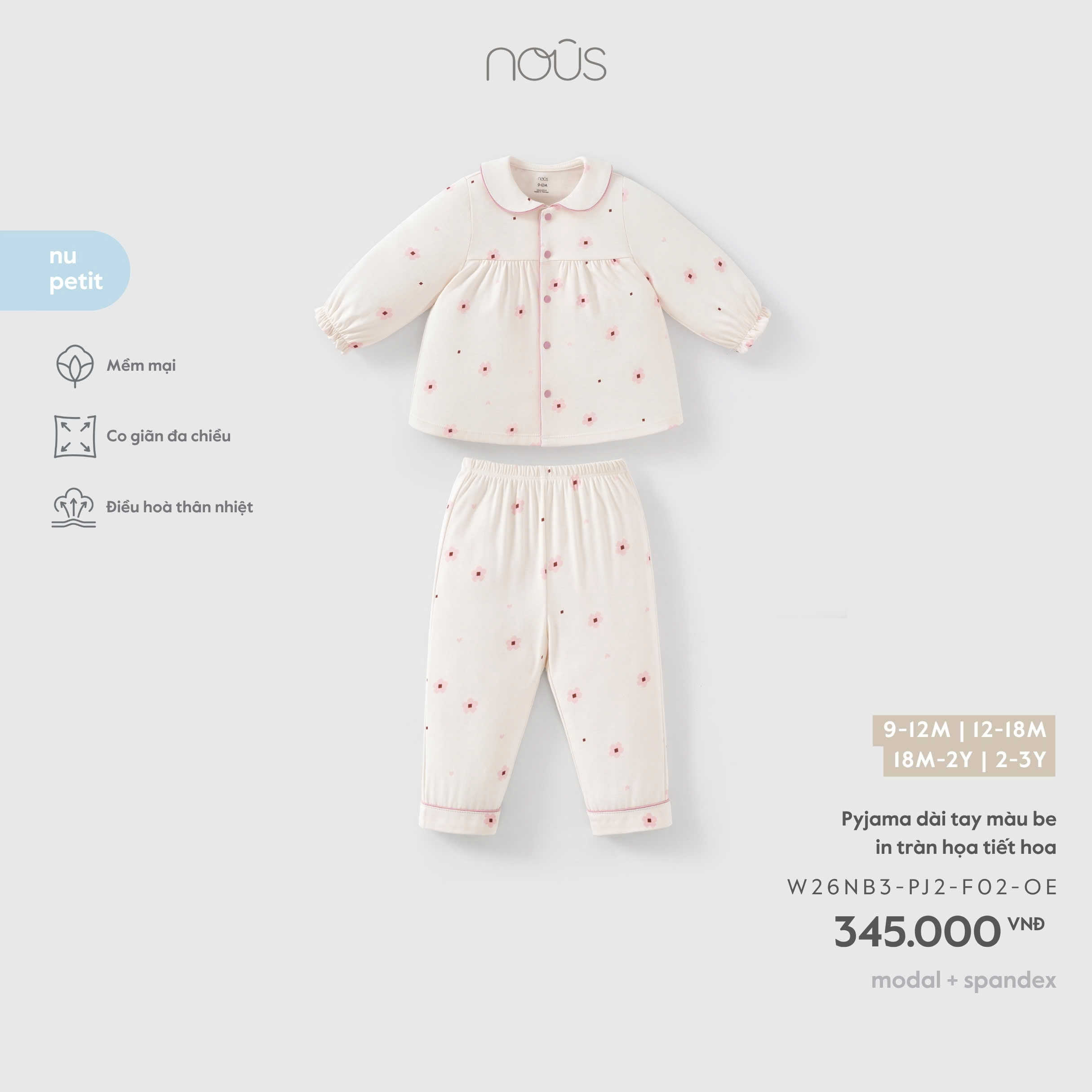 NOUS - Pyjama dài tay màu be in tràn hoạ tiết hoa(9M-2Y)