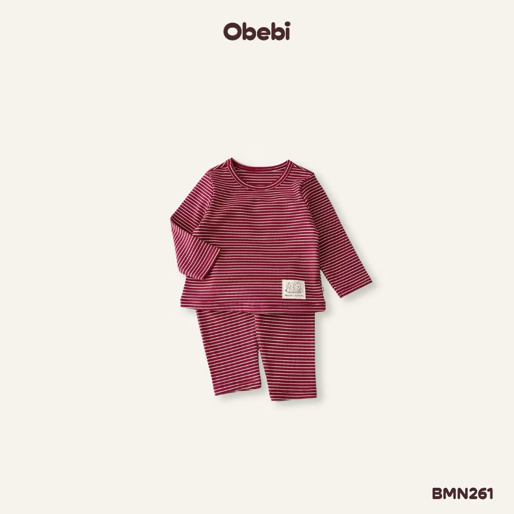 OBEBI - Bộ dài tay kẻ gân mác in Gấu OBEBI(73-120)
