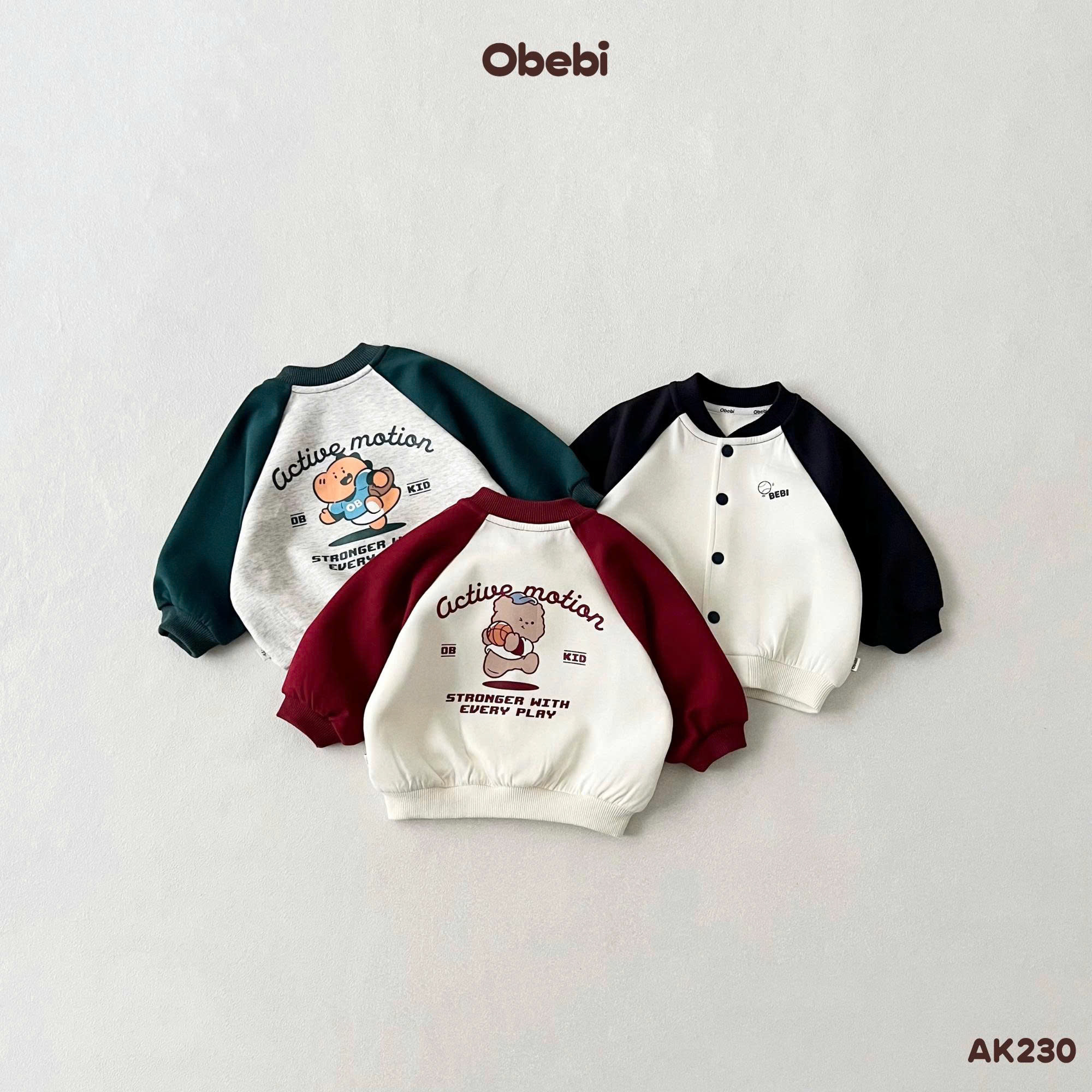 OBEBI -Áo khoác nỉ Bomber tay Raglan phối màu(80-120)