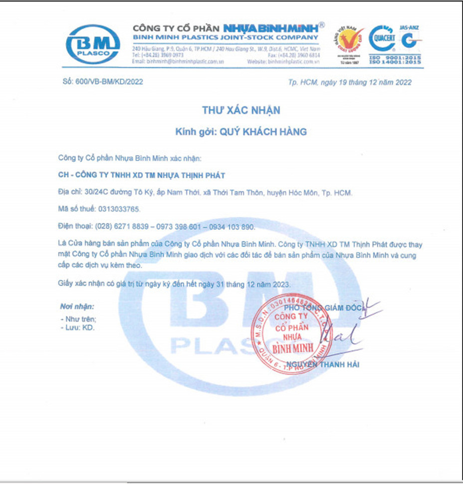 THƯ XÁC NHẬN VỀ VIỆC: PHÂN PHỐI ỐNG NHỰA BÌNH MINH CHÍNH HÃNG TẠI TP HỒ CHÍ MINH