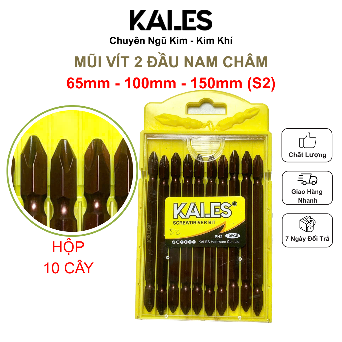 Hộp 10 Mũi Vít 2 Đầu PH2 Nam Châm Dài 65mm - 100mm - 150mm Tùy chọn | KALES