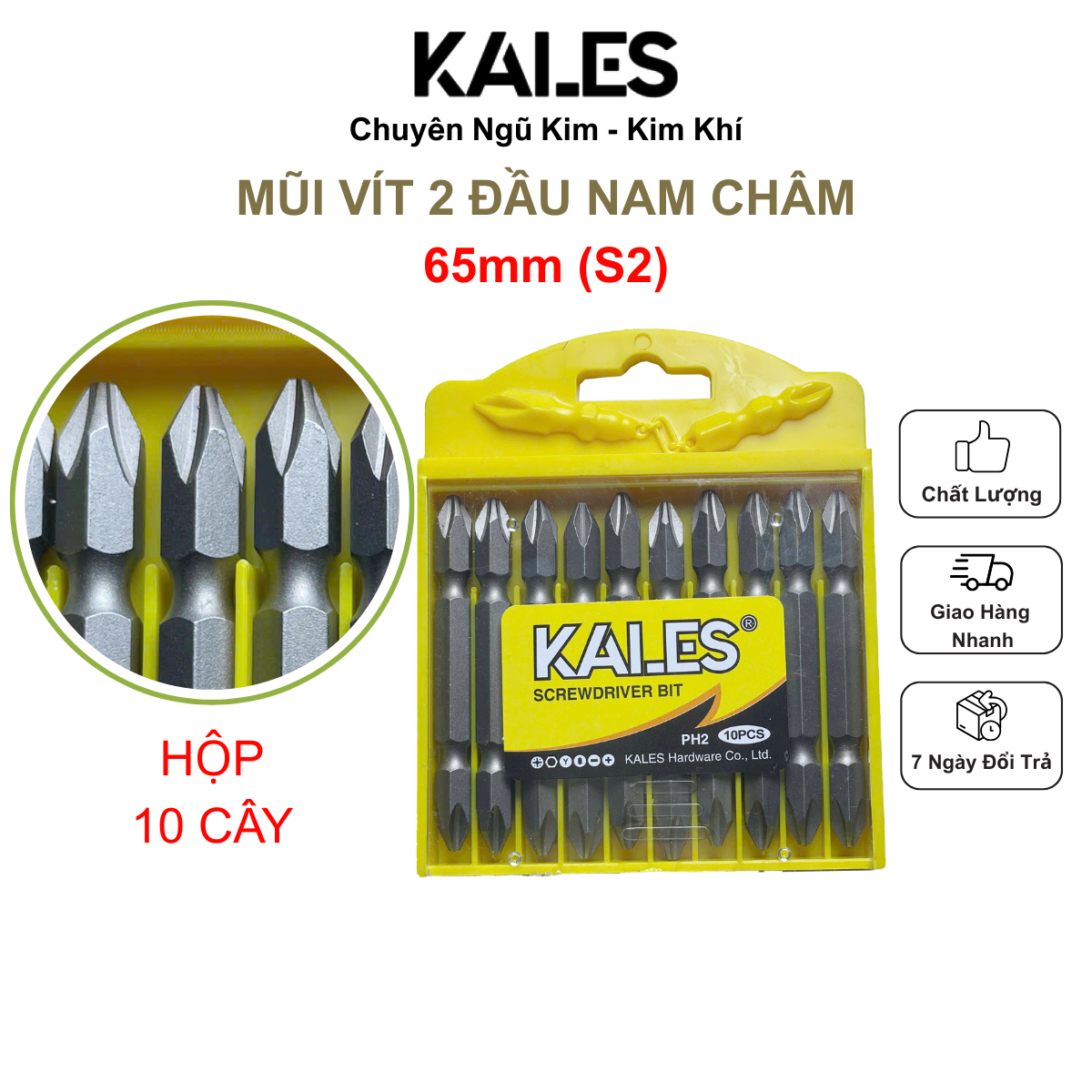 Hộp 10 Mũi Vít 2 Đầu PH2 Nam Châm Dài 65mm | KALES