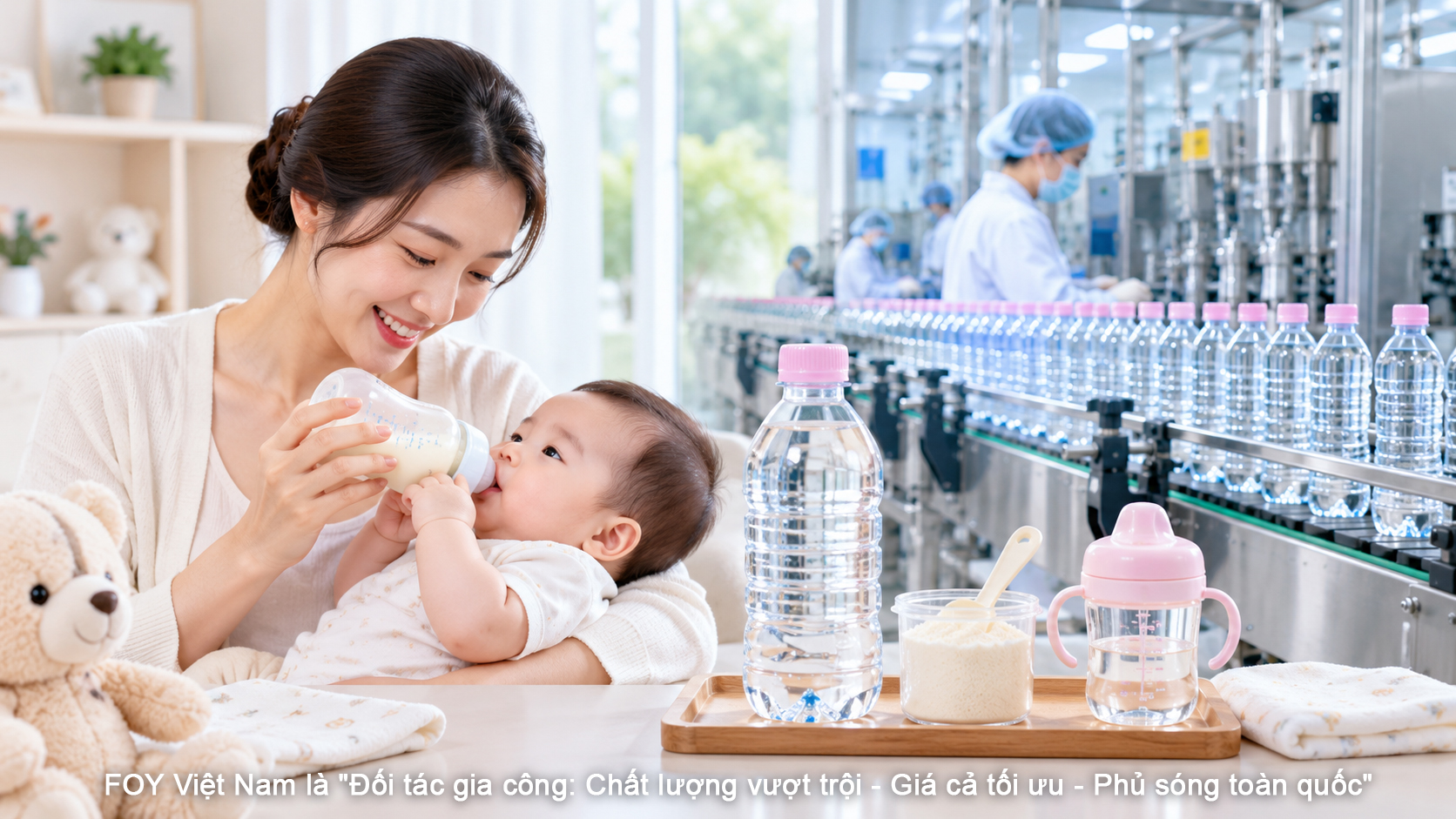 Gia Công Nước Uống Thanh Khiết Pha Sữa – Giải Pháp Nhãn Riêng Tối Ưu Cho Thương Hiệu Sữa & Mẹ Bé