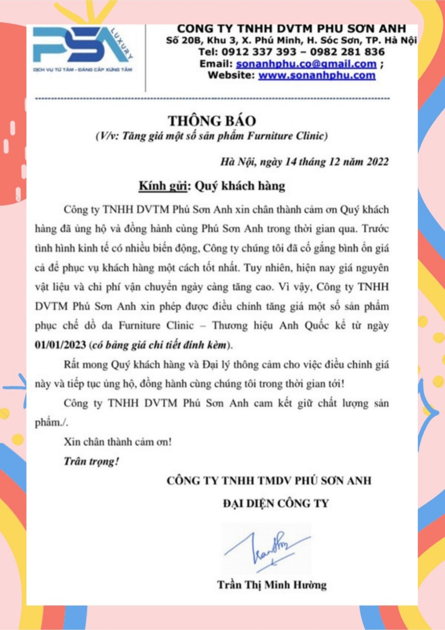 Thông báo điều chỉnh giá một số sản phẩm Furniture Clinic năm 2023