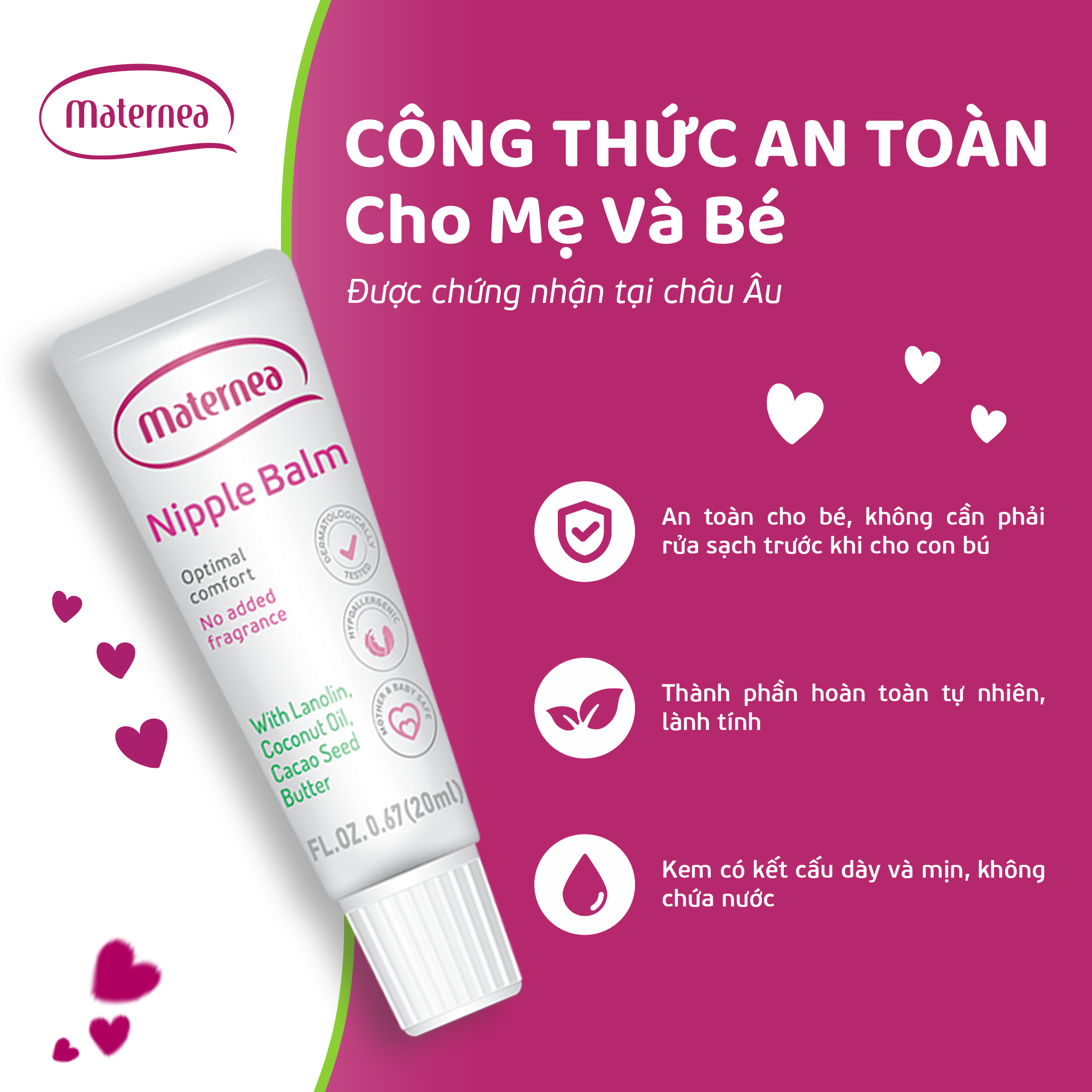 Kem dưỡng trị nứt đầu ti Maternea Nipple Balm, an toàn lành tính, 20ml - an toàn cho mẹ và bé