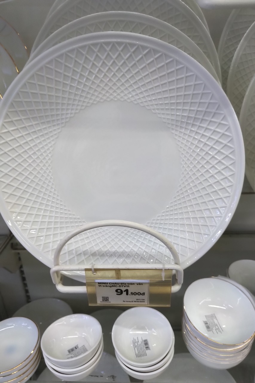 Đĩa Tròn Cạn Vằn Viền Sần Trắng Trơn Sứ Minh Châu Cao Cấp [ nhiều size]