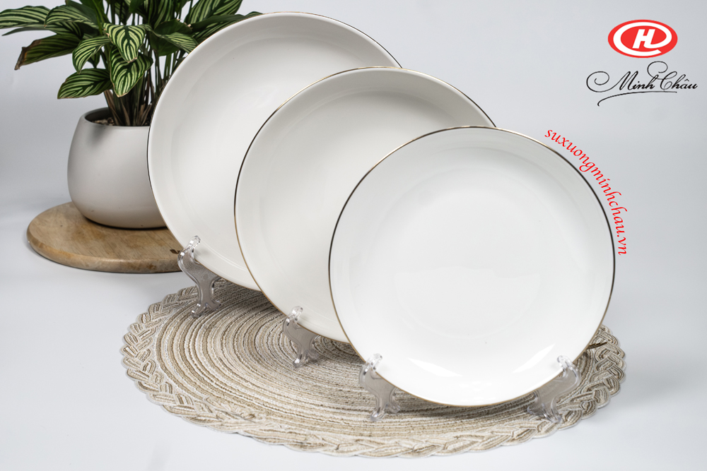 Đĩa Sứ Minh Châu Cao Cấp Sứ Siêu Nhẹ Bone Viền Vàng Và Trắng