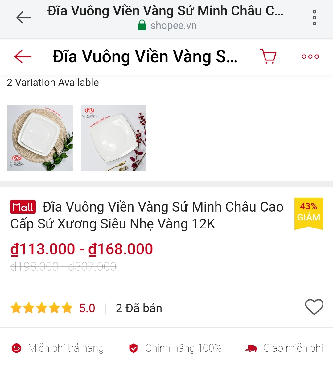 Đĩa Vuông Viền Vàng Sứ Minh Châu Cao Cấp Sứ Xương Siêu Nhẹ Vàng 12K