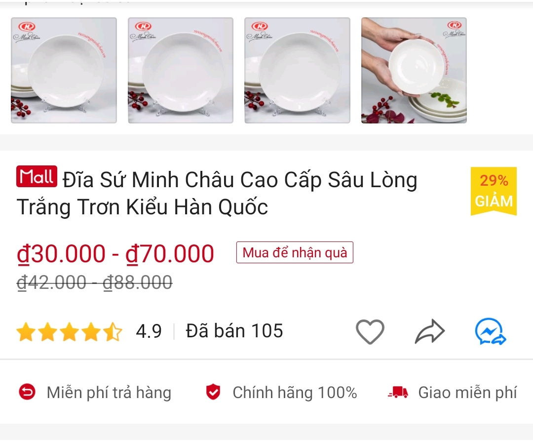 Đĩa Sứ Minh Châu Cao Cấp Sâu Lòng Trắng Trơn Kiểu Hàn Quốc