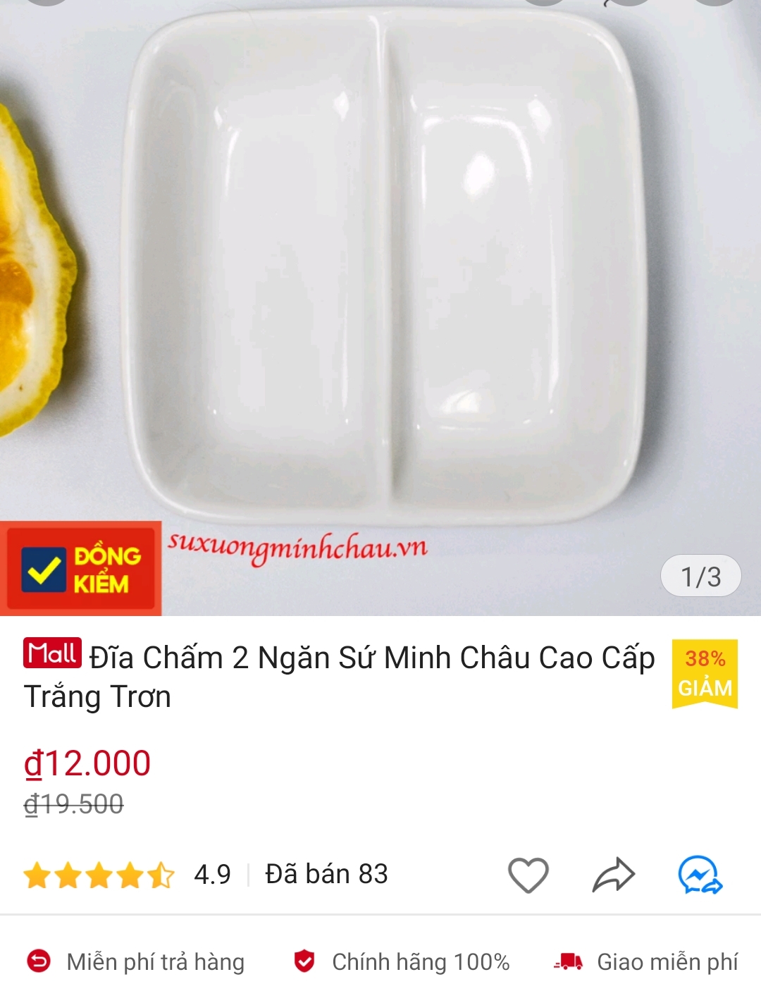 Đĩa Chấm 2 Ngăn Sứ Minh Châu Cao Cấp Trắng Trơn-MCM11TA1