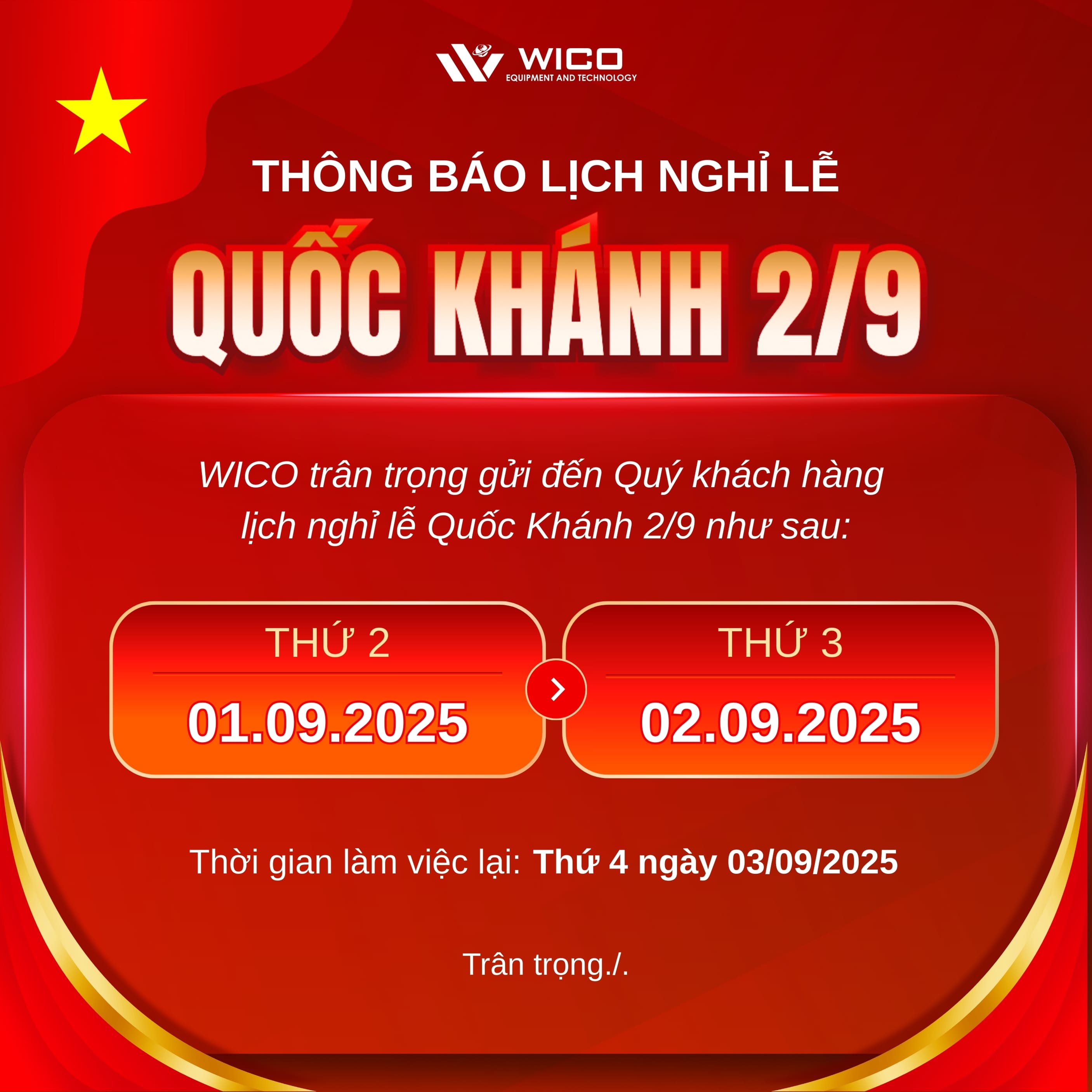 Wico - Thông Báo Nghỉ Lễ Quốc Khánh 2/9